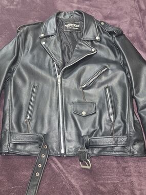 Vintage UNIK Belted Black Leather Biker Motorcycle Jacket Size 48